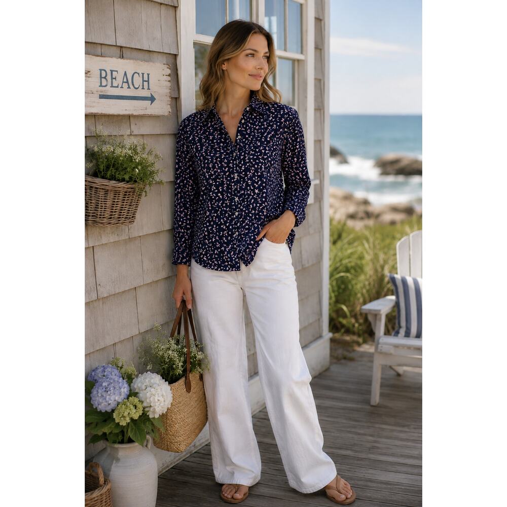 Sonoma Bird Print Button Down Shirt Womens Small Coastal Cottagecore Cotton